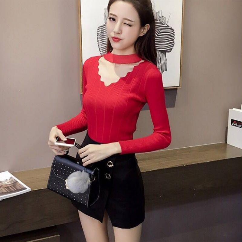 Pullover V-neck long-sleeve T-shirt female black top sexy knitted bottoming sweater pullover