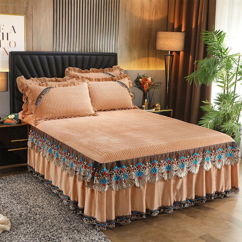 3pcs/set Crystal Velvet Padded Bed Skirt Lace Autumn and Winter Sheets European-style Simmons Protective Cover