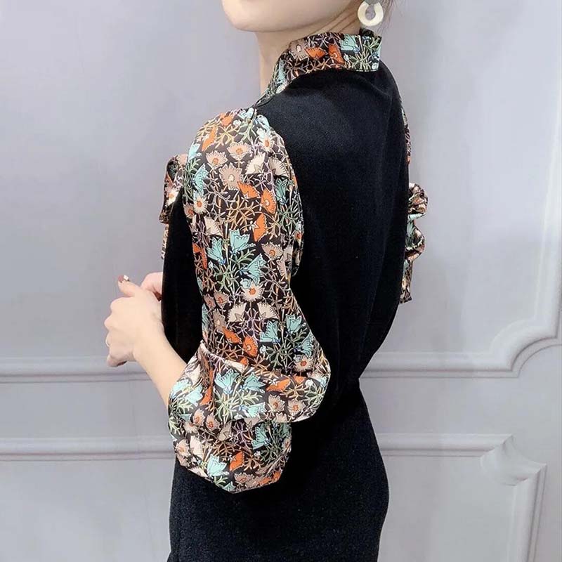 Printed Top Women's Long-sleeved Spring and Autumn T-shirt V-neck Chiffon Shirt Loose Shirt
