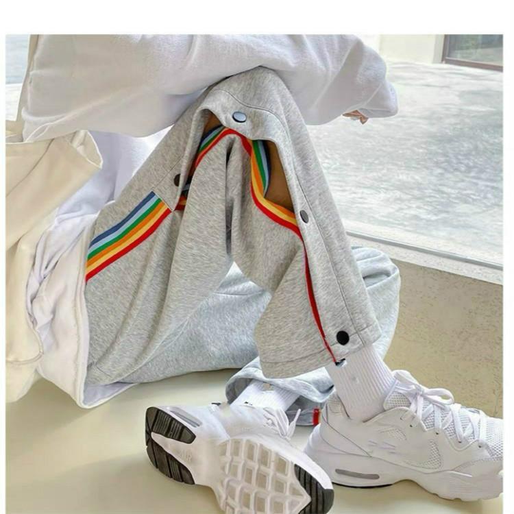 Spring and Summer Thin Ins Sweatpants Men's Rainbow Striped Sweatpants Loose Straight Side-breasted Guard Pants