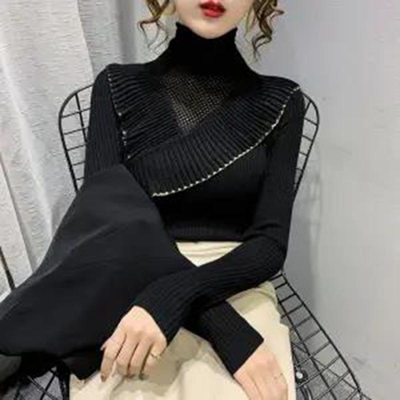 Ruffled Half Turtleneck Sweater Women  Autumn  Winter Wear Lace Style Self-cultivation Hollow Knit Bottoming Shirt Top