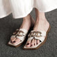 Full-leather Metal Buckle Open-toe Sandals and Slippers Women's Summer Square Head Flat-bottomed Fashion Half Slippers