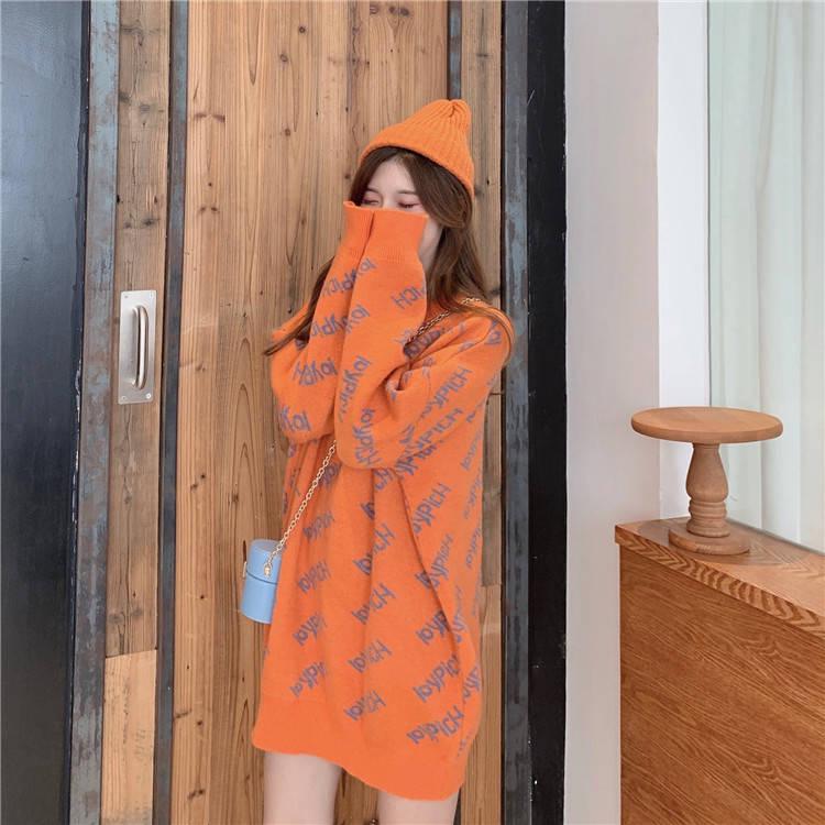 3 Color Letter Knitwear O-Neck Loose Knitting Pullover Chic Simple Color Jumper Sweater Top