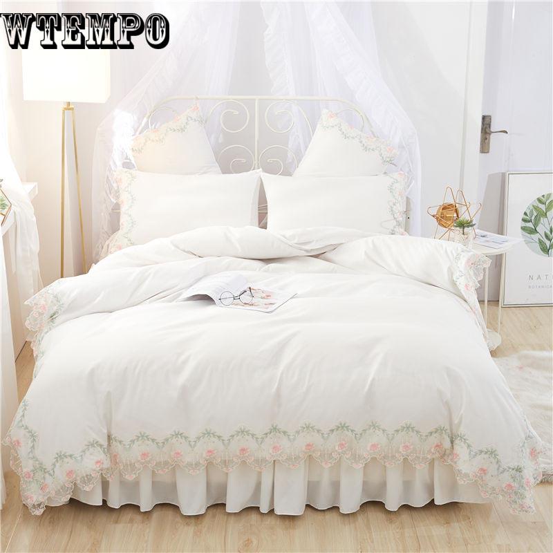 Princess Style Duvet Cover Set Cotton Bedding Sets Girls Cute Lace Bed Skirt Bedding Sets