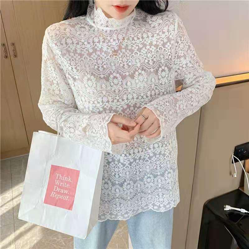 Pofulove super fairy bottoming shirt Plus velvet lace shirt women's new Korean mesh lace lace collar