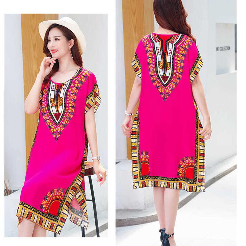Summer Ethnic Print Dress Round Neck Cotton and Linen short  Sleeve Loose Mid-length Vest Skirt Daily Thin
