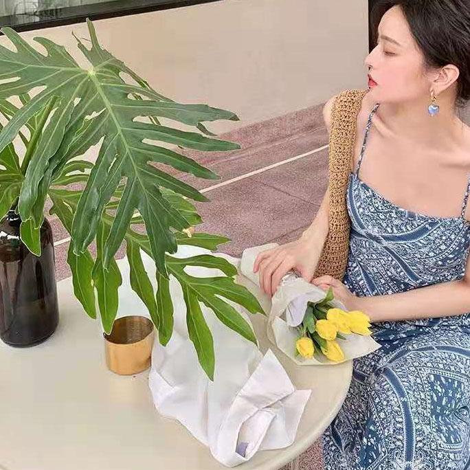 Female Vintage Slim Holiday Dress Elegant Suspender Backless Print Vacation Dress Long Casual A-line Beach Dress