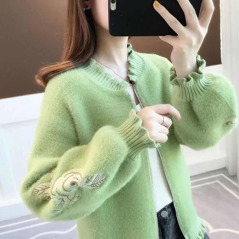 Imitation Mink Velvet Embroidered Ruffled Cardigan Women's Spring and Autumn Style Lazy Style Loose Sweater Zipper Long-sleeved Knitted Jacket