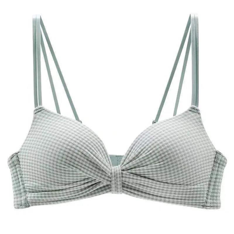 Japanese Girl Style Sweet Small Fresh Small Chest Gathered Without Steel Ring Lovely Lattice Bra Beautiful Back Bra
