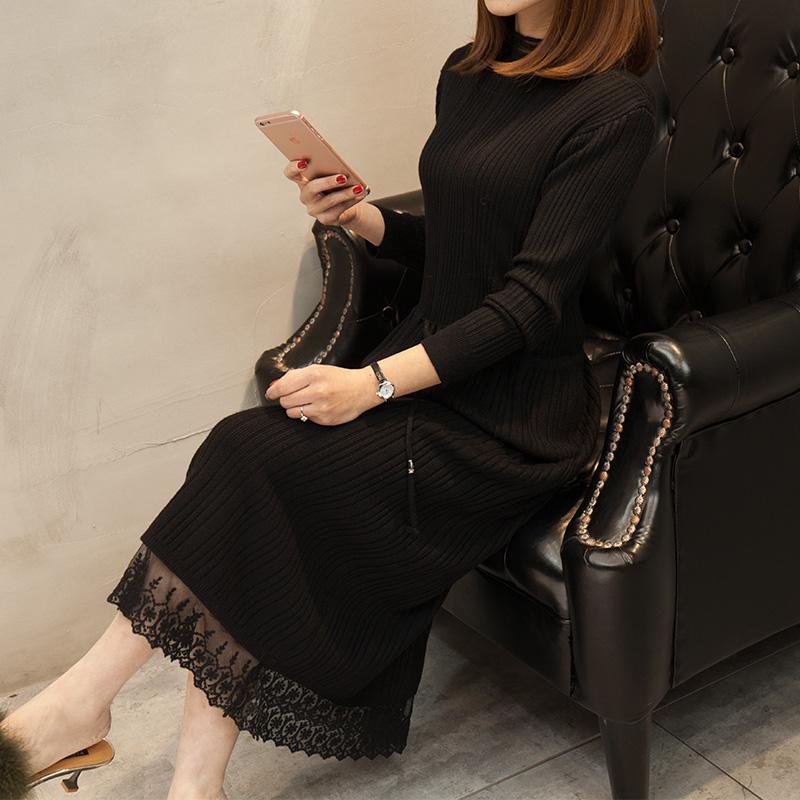 Autumn Winter Knitted Mid-length Sweater Women's Knee-length Loose Base Dress