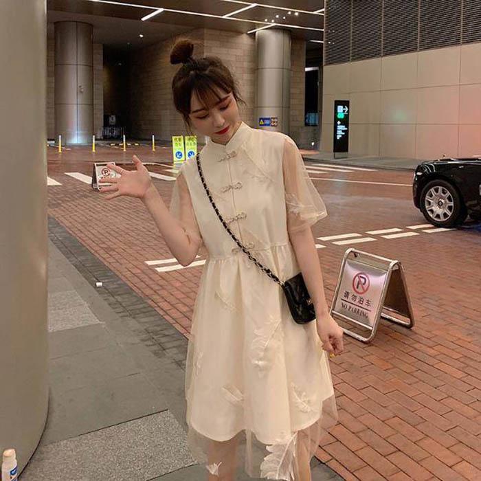 Pofulove S-4XL Women O-neck Feather Mesh Dress Loose Slim Sweet Short-sleeved Dress Short Cheongsam
