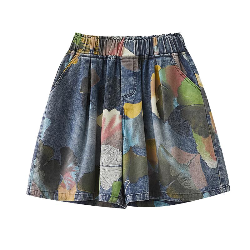 WTEMPO Women's Plus Size Retro Print Denim Shorts High Waist Look Thin Loose Wide Leg Shorts