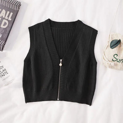 Women's Short Zipper Sweater Vest Autumn and Winter Korean Slim Sleeveless Sweater Sweater Vest Jacket
