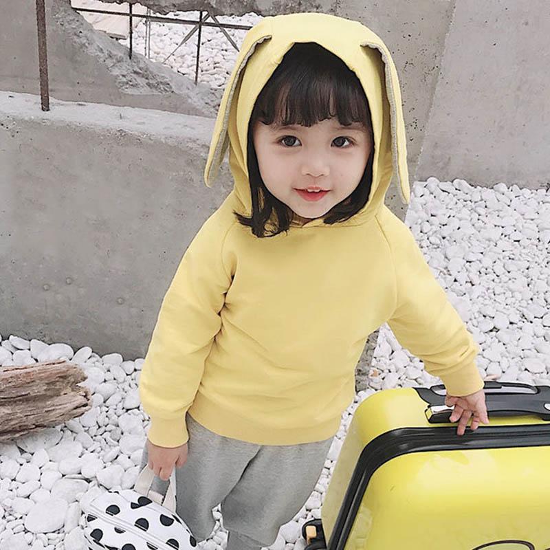 Girls Spring and Autumn Hooded Pullover Sweater Cute Rabbit Ears Decorative Pants Casual Style Children's Two-piece Set