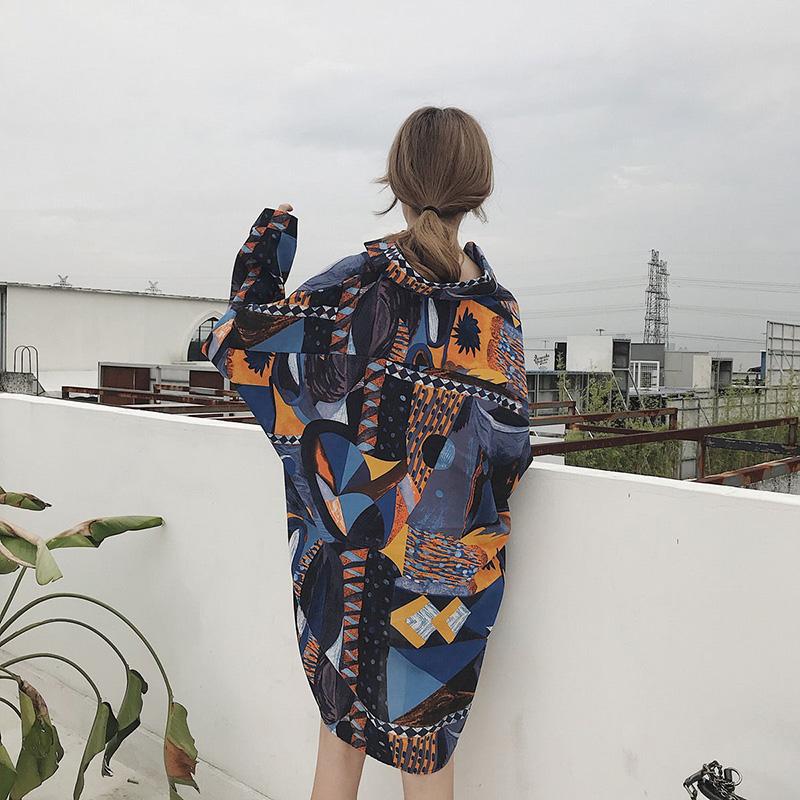 Geometric Print Women Dress Girl Loose O-Neck Casual Long T-shirt Dress Loose Home Comfort Outer Convenient