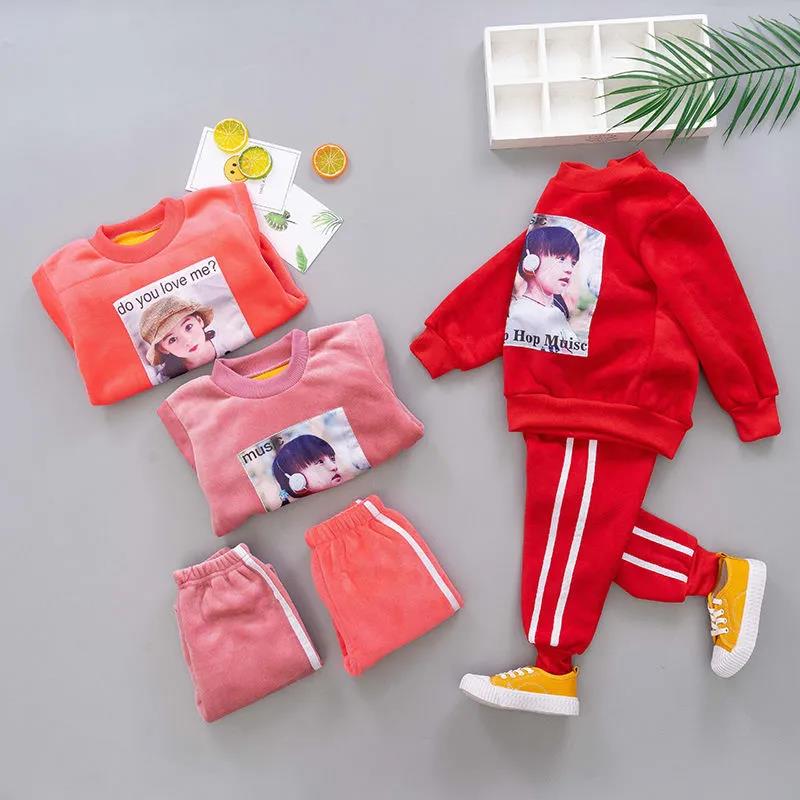 Double-faced Fleece Girls Two-piece Long-sleeved Plus Fleece Sweater Pants Spring, Autumn and Winter  Simple Fashion Suit Middle Small Children