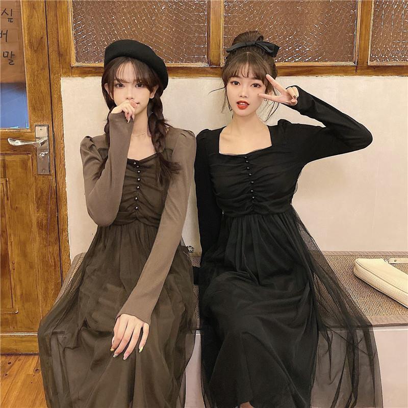 French Dress Korean Style Mid-length Long-sleeved Square Neckline Mesh  Receiving Waist Slim Skirt