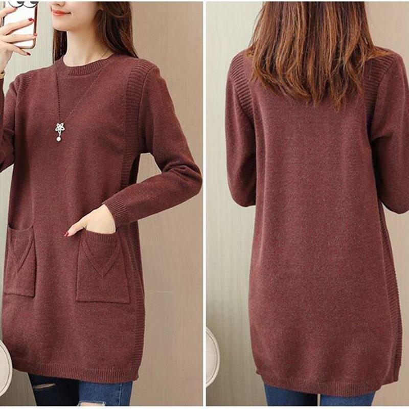 Women's Mid-length Knit Sweater  dress Winter Loose Round Neck Pullover Sweater Thick Knitwear Skirt with Pockets