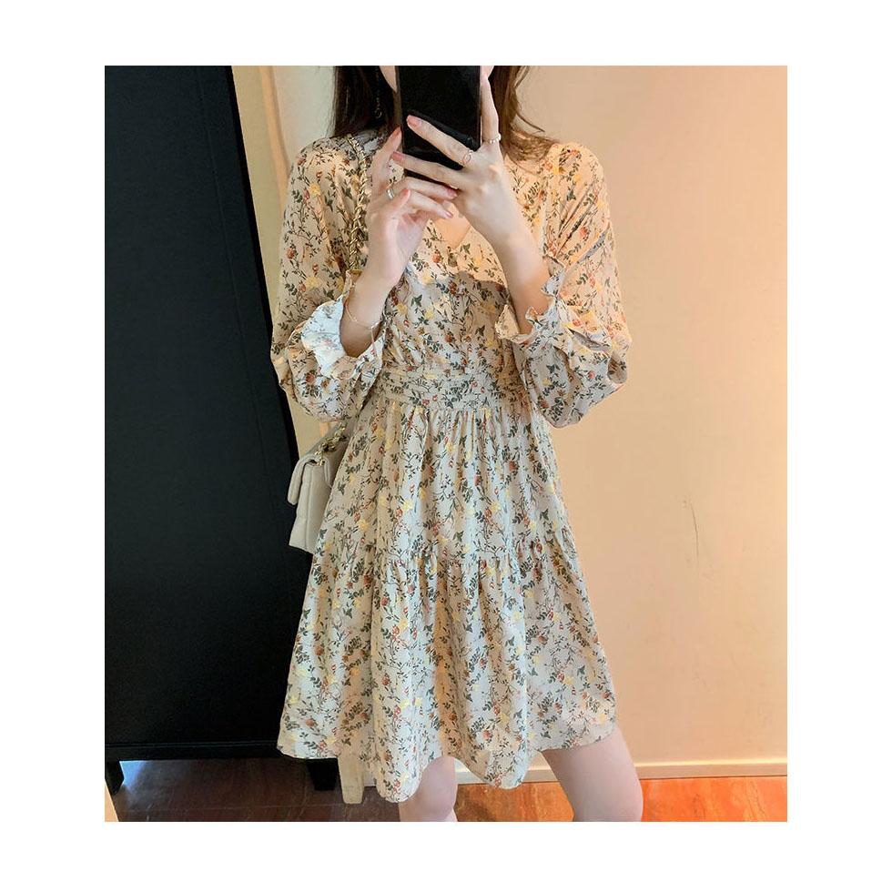 Women's Summer Elegant Chiffon Waist Shows Thin Temperament Korean V-neck Floral Skirt