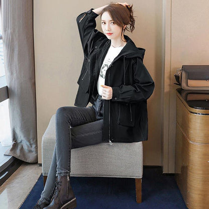 Double Layer Lining Windbreaker Women's Spring and Autumn Style Waist Loose Casual Hooded Raincoat Jac