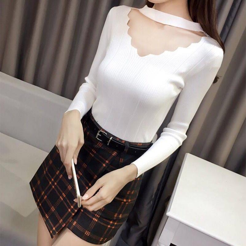 Pullover V-neck long-sleeve T-shirt female black top sexy knitted bottoming sweater pullover