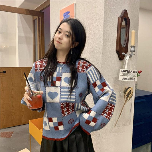 Autumn Winter  Women Fashion Sweater Casual Knitting Sweater Retro Round Neck Pullovers Loose Casual Long Sleeve Sweater