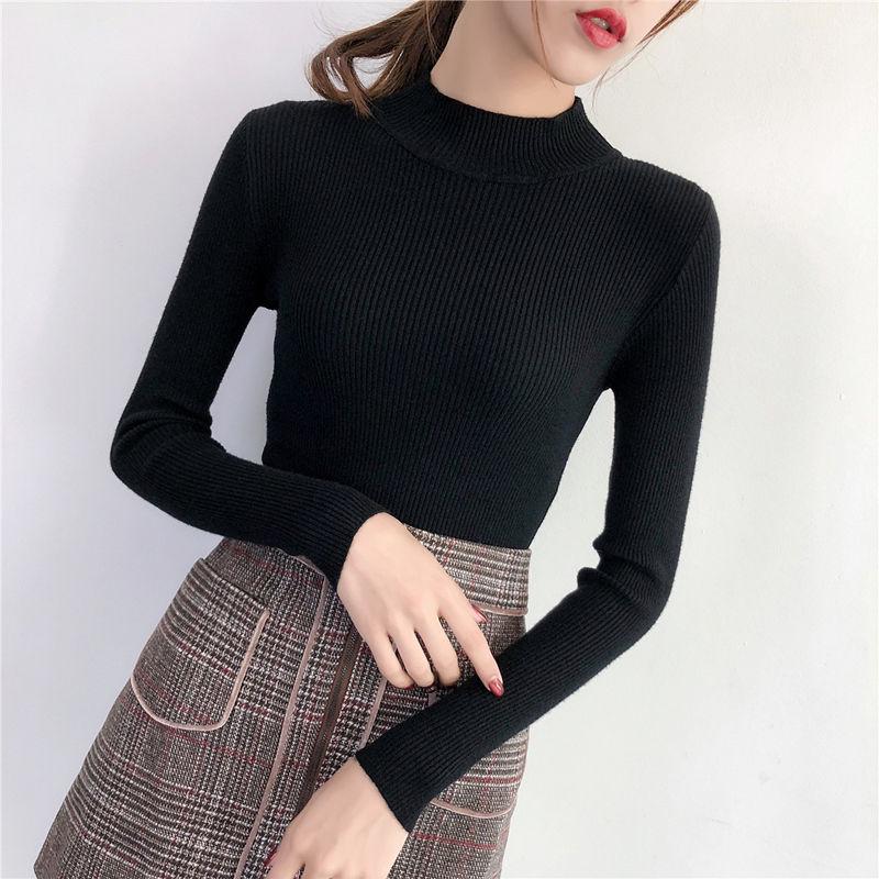 Pofulove Women's Half-neck Turtleneck Sweater Thick Winter Black Bottoming Shirt Slim Sweaters