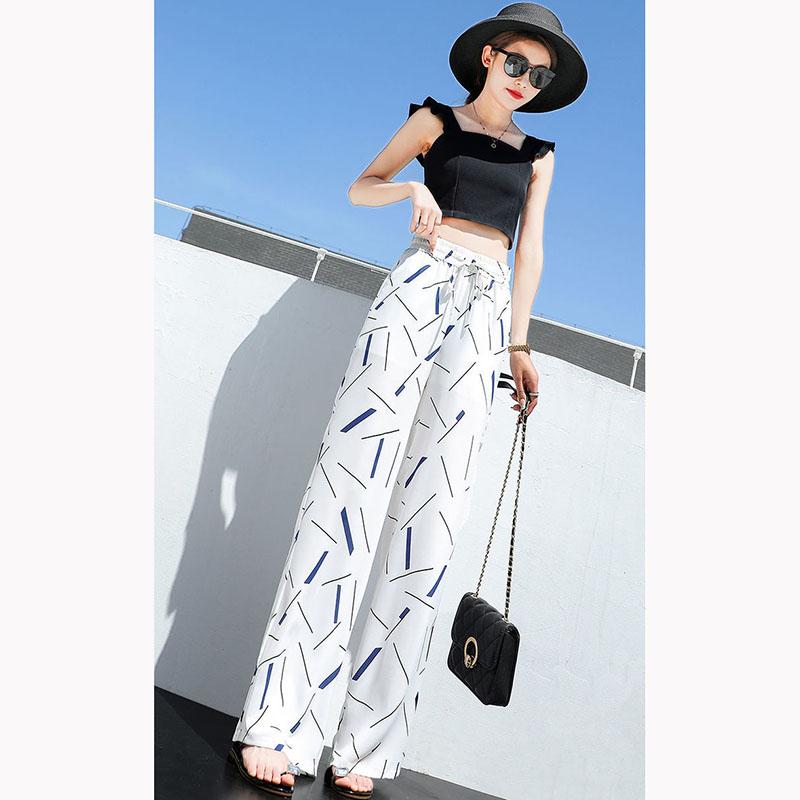 Geometric Print Chiffon Pants Spring and Summer Women's Wide Leg Trousers Vertical High-waisted Pants Women's Loose Mopping Pants