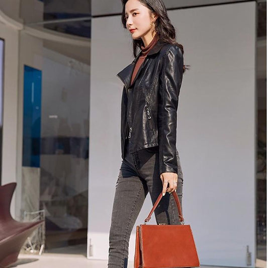 Black Female Leather Jacket Spring and Autumn Slim Slimming Short Lapel All-match PU Leather Jacket