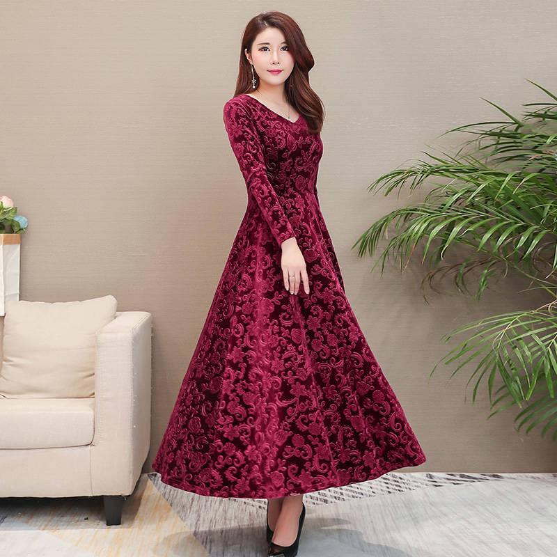 Gold Velvet V-neck Dress Long Skirt Jacquard Long-sleeved Female Temperament Slim Slimming Skirt