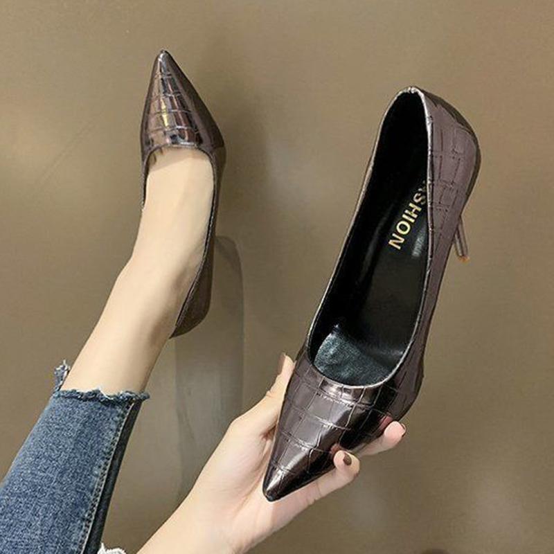 Summer Pointed French Girl Silver High Heels Female Stiletto All-match Patent Leather Single Shoes Spring and Autumn Models
