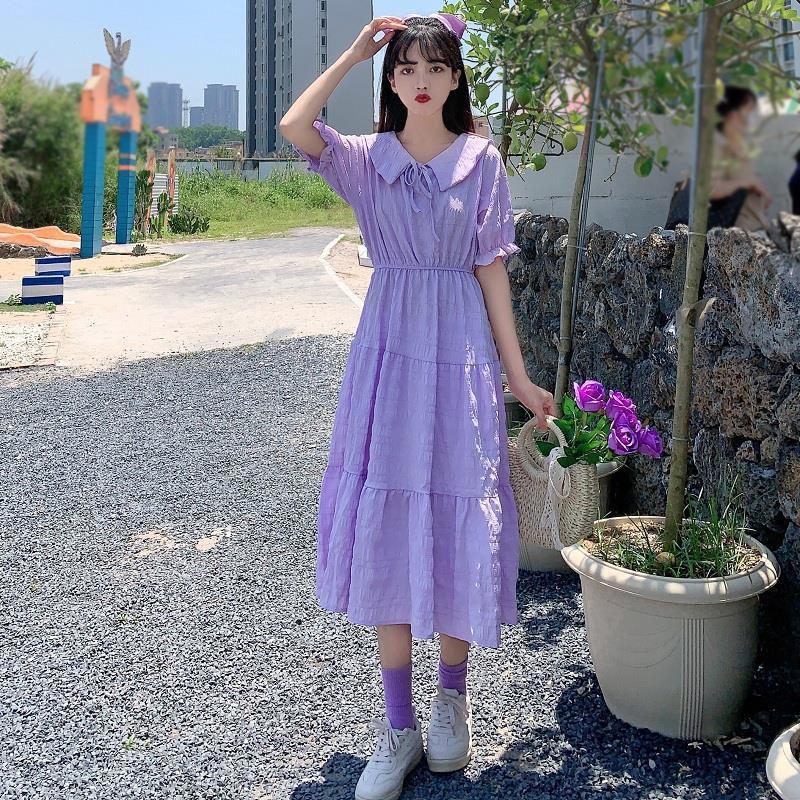 Cute Sweet Well-behaved Girl Solid Color Bow Ruffle Mid-length A-shaped Skirt Age Reduction Looser  Short Sleeve Dress