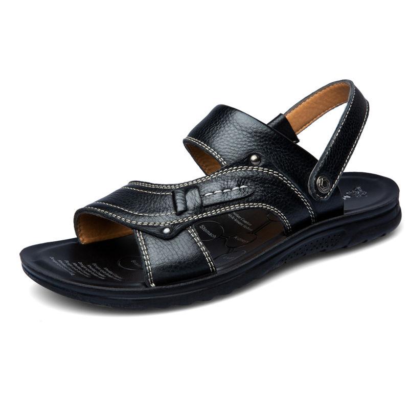 Men's Top Layer Leather Sandals Leather Summer Breathable Sandals Non-slip Men's Beach Shoes