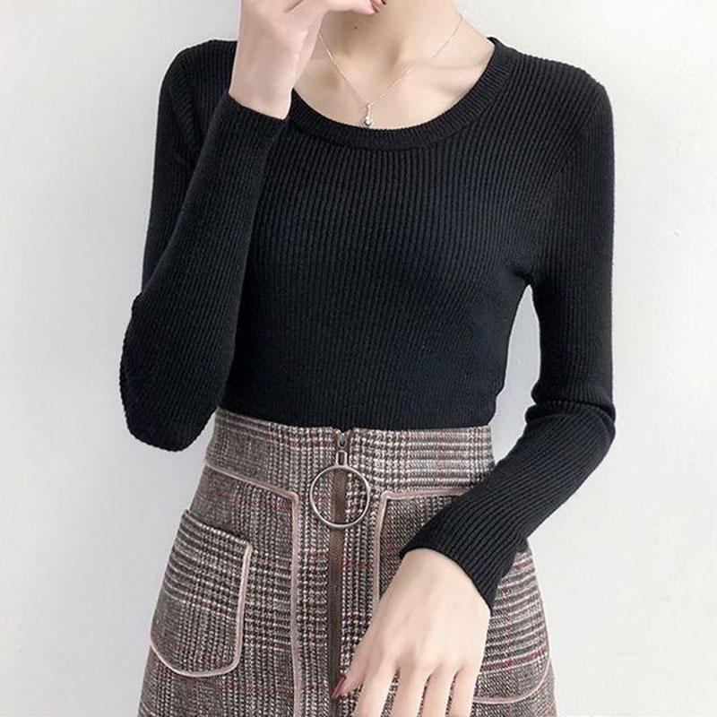Autumn and Winter Round Neck Long-sleeved Sweater Knit Pullover Slim Bottoming Shirt Was Thin Plus Size Female Top