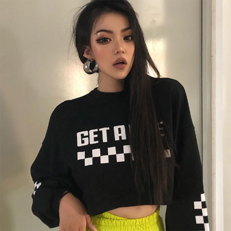 Solid Color Cotton Plaid Print Short Sports Sweater Women's High Waist Casual Fashion Top