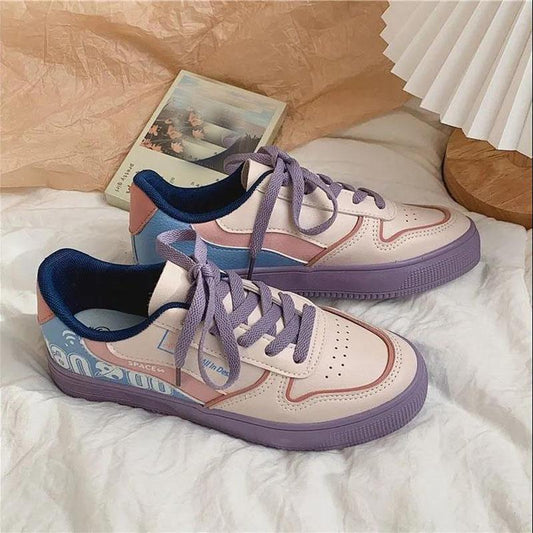 Color-blocking Canvas Shoes Women's Flat-heel Lace-up Student Low-top Purple Fashion Women's Shoes White Shoes