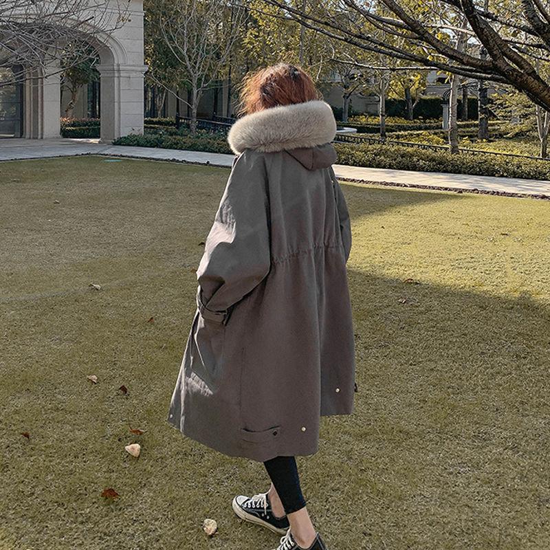 Parker Jacket Women's Winter Padded Clothes Mid-length Plus Velvet Thick Padded Workwear Fluffy Big Fur Collar Hooded Jacket