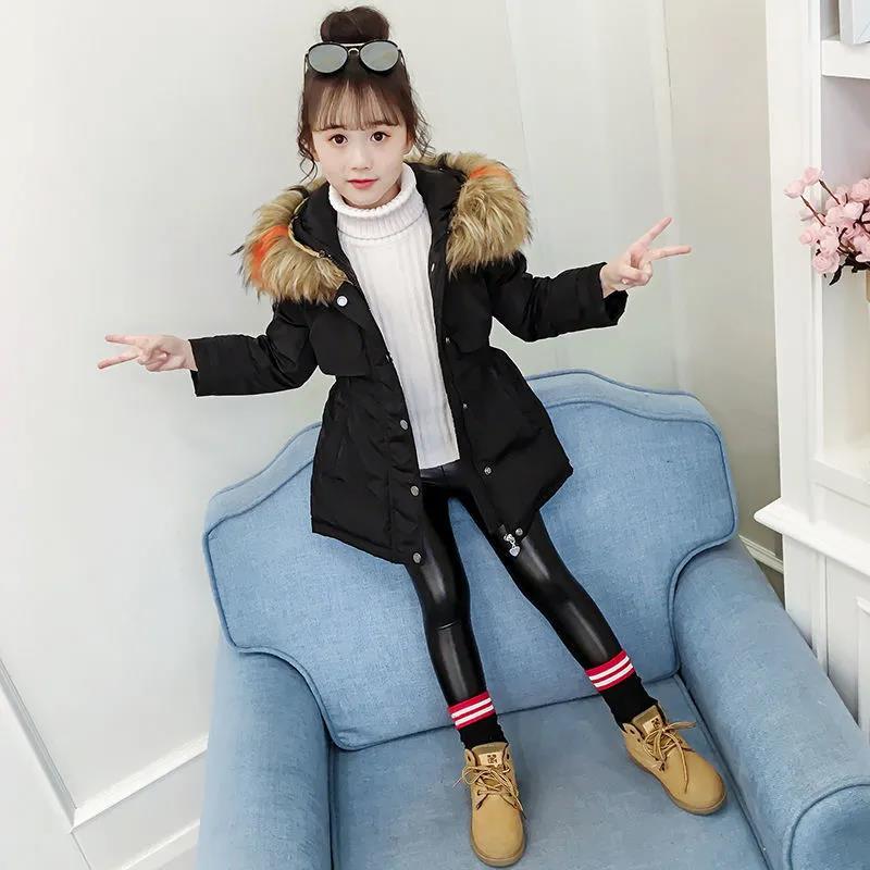 Girls' Warm and Thick Cotton-padded Jacket Mid-length Windproof and Velvet Jacket
