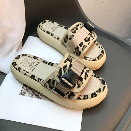Size35-40 Summer Women Slippers Bohemian Beach Wear-resistant Slippers Wedge Platform Leopard Print Sandals Outdoor High Heels
