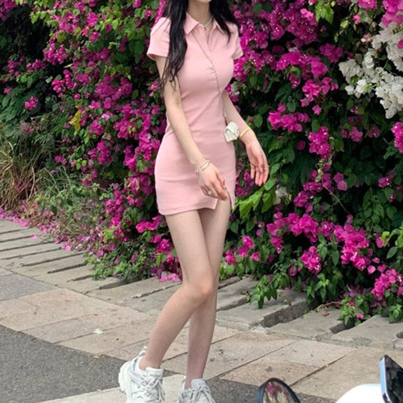 Summer Woman Oblique Button Polo Collar Short Sleeve Dress For Girls