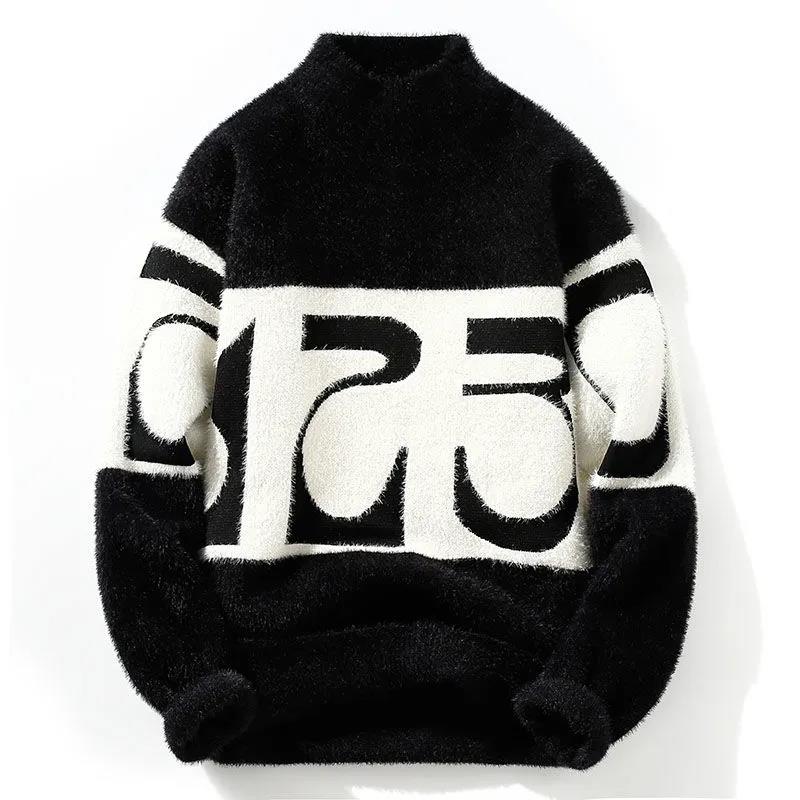 Sweater Men's Autumn and Winter Plus Velvet Thick Warm Bottoming Shirt Half High Neck Pattern Sweater