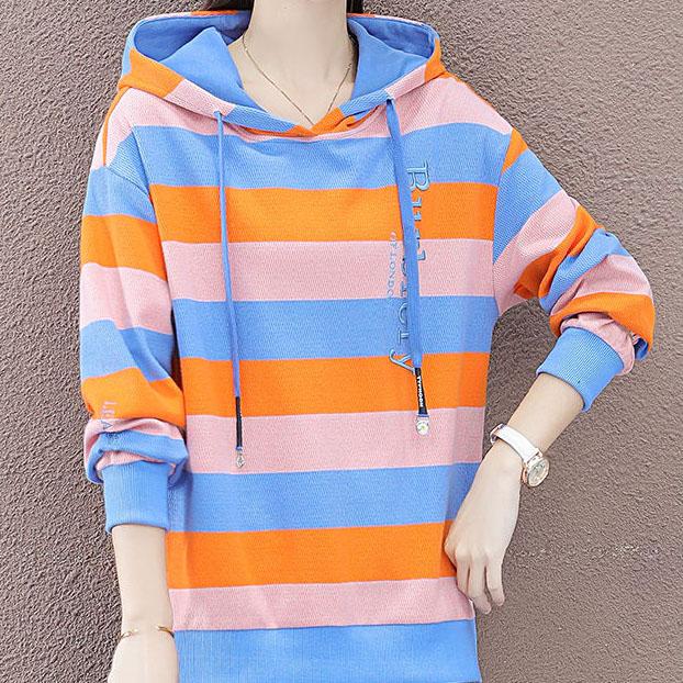 Women's Large Size Striped Hoodies Spring and Autumn Cotton Loose Coat Slim Versatile Long Sleeve Tops