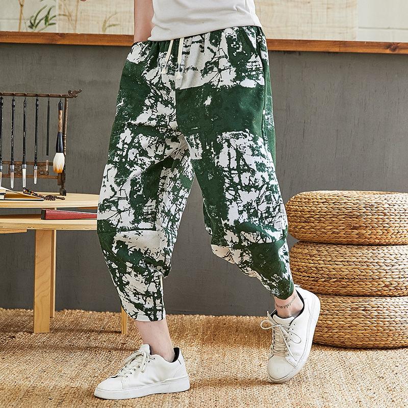 Summer Men's Cotton Linen Shorts Men's Casual Loose Sports Harlan Cropped Pants