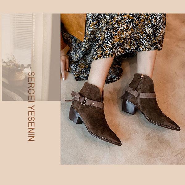 Vintage Pointed Suede Boots British Style Soft Chelsea Boots Thick Heel Plus Velvet Ankle Boots