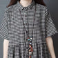 Cotton Literary Plaid Dress Women's Short-sleeved Summer Loose Large Size Was Thin Retro Mid-length Dress