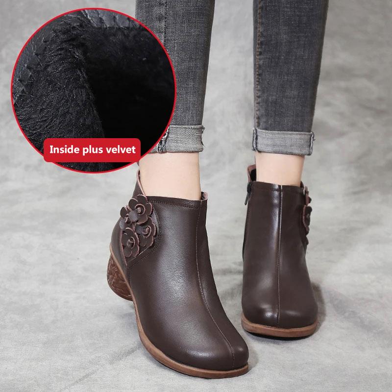 Women's Autumn and Winter Cowhide Plus Cashmere Martin Boots Waterproof Non-slip High Heels Out High Heel Ankle Boots Soft Mother Shoes