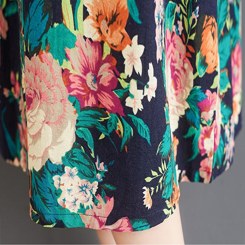 Oversized Retro Women's Cotton Loose Short-sleeved Floral Dress Loose Pleated Kaftan Robe