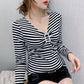 Women's Spring and Autumn Long Sleeve Bottoming Shirt Striped V-Neck Slim Top