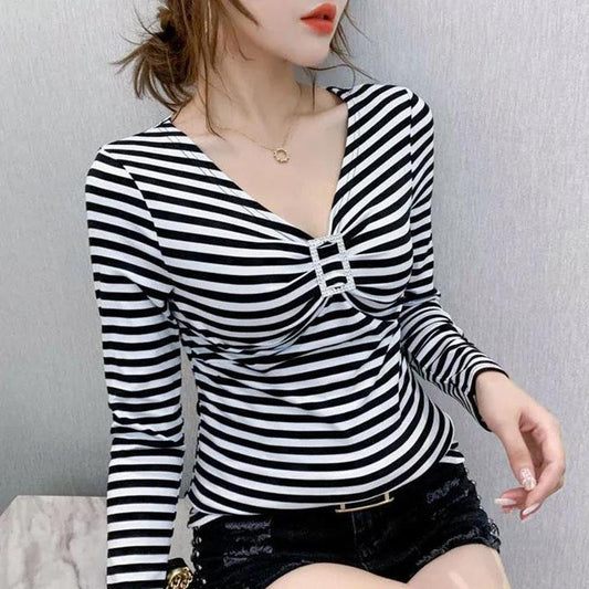 Women's Spring and Autumn Long Sleeve Bottoming Shirt Striped V-Neck Slim Top