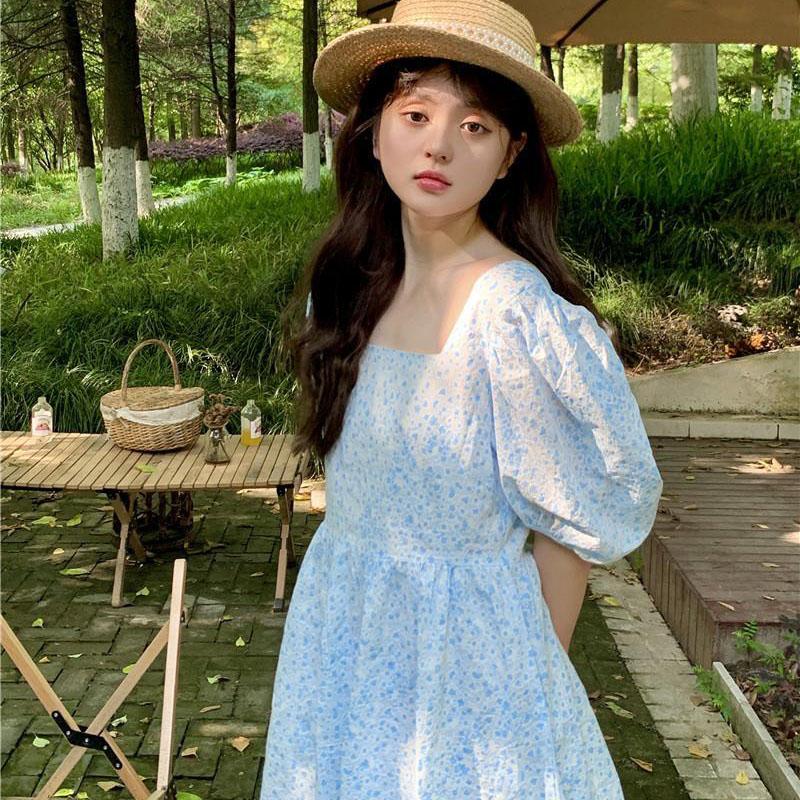 Women's Summer Floral Dress Square Neck Slim Puff Sleeve Skirt